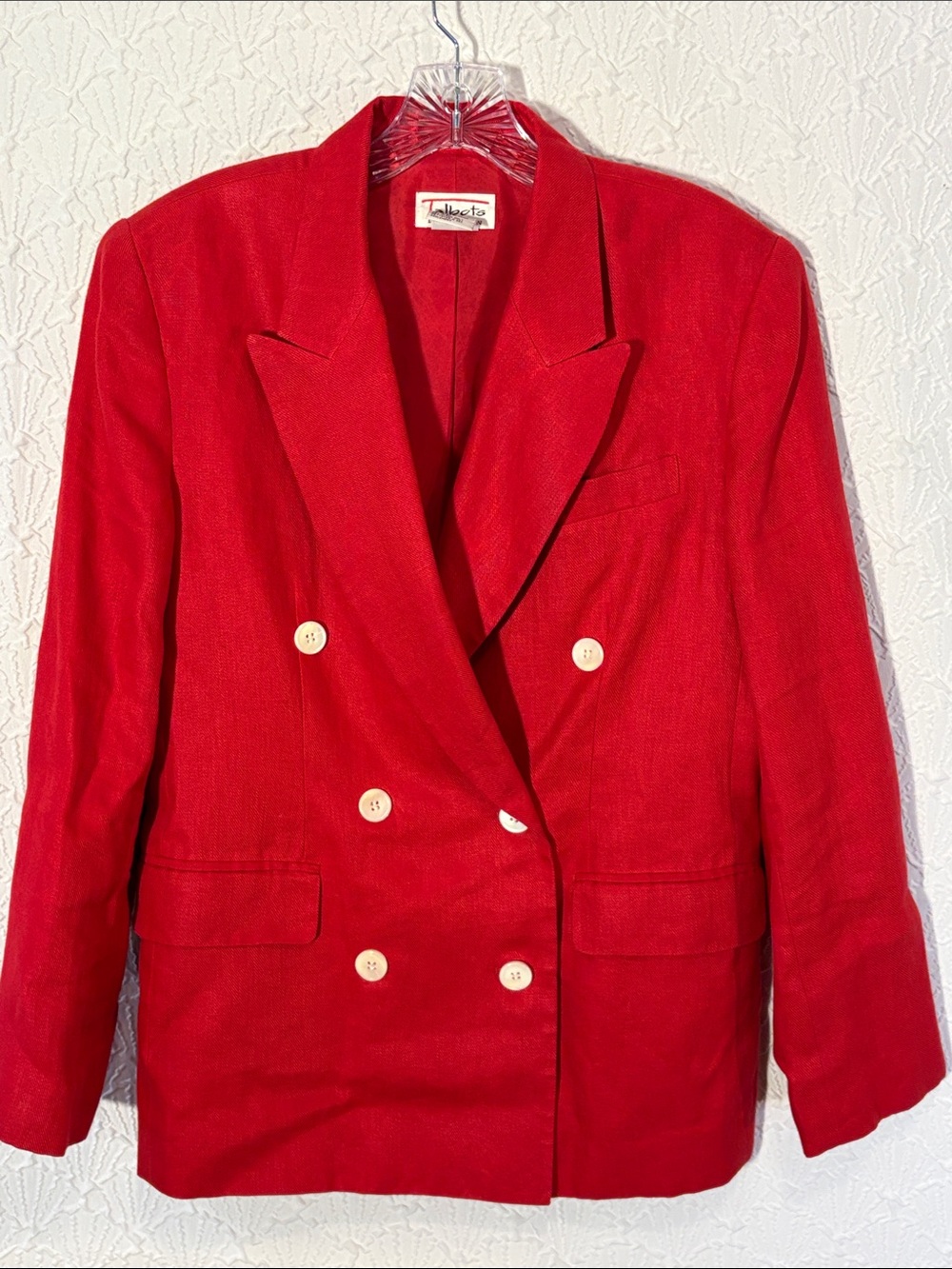 100% Irish Linen Talbots Vibrant Red Double-Breasted Blazer with White Buttons